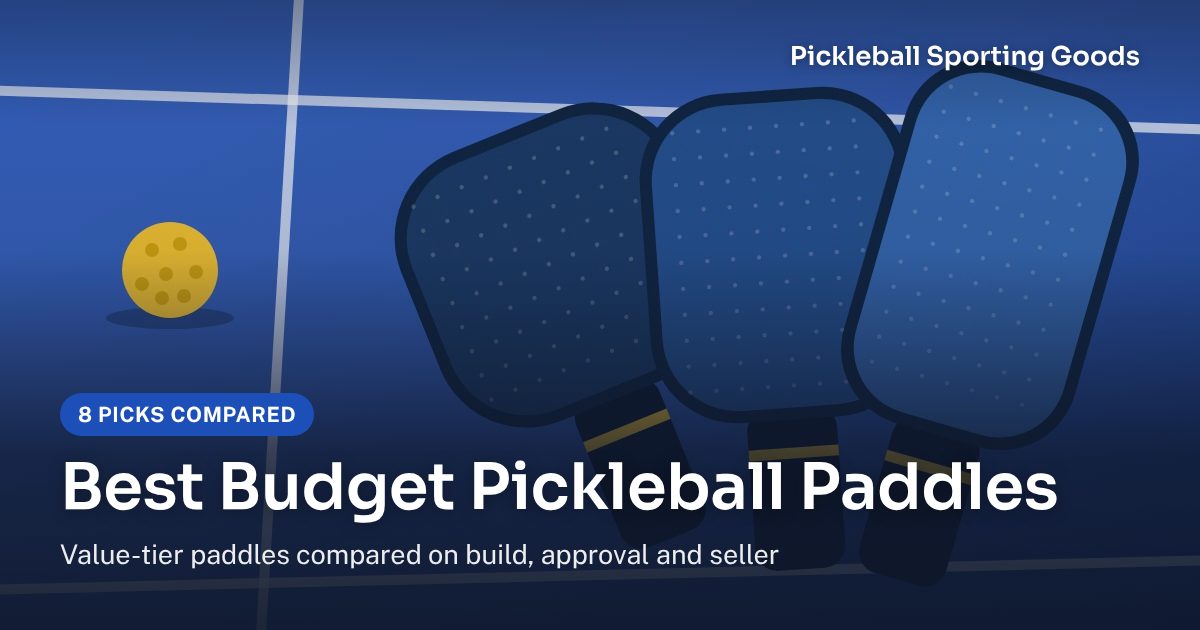 Three pickleball paddles in different shapes beside a pickleball on a blue court