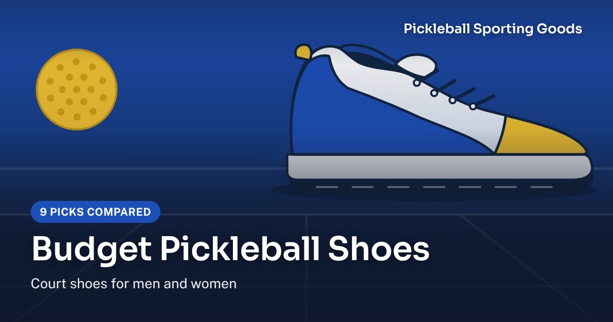 Drawn illustration of a blue and white court shoe beside a yellow pickleball, with the title Budget Pickleball Shoes