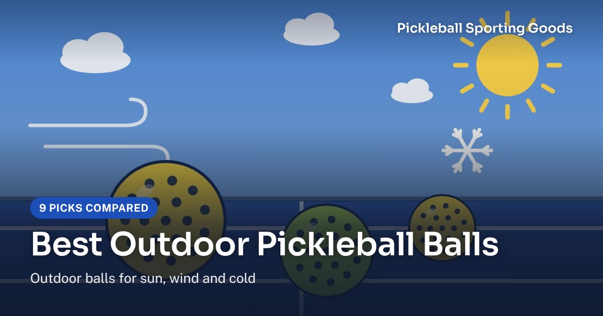 Three outdoor pickleballs on a blue court under sun, wind and snow symbols