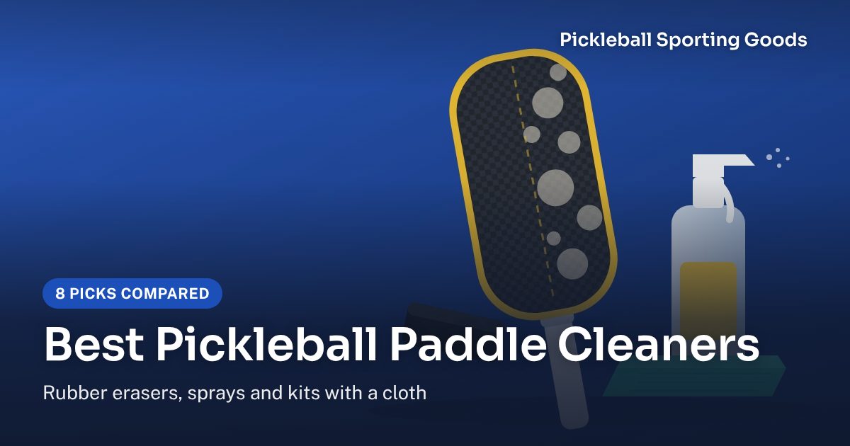 Illustration of a pickleball paddle with a carbon weave face, a rubber eraser block, a spray bottle and a microfiber cloth