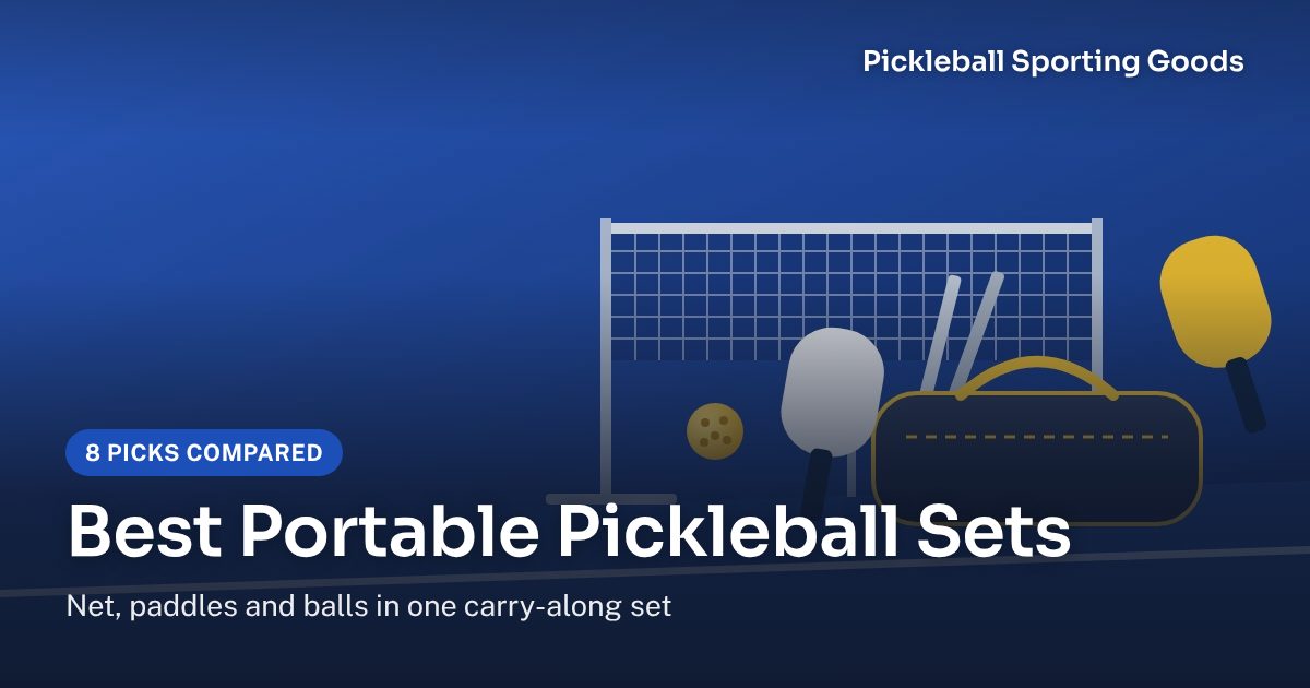 Illustration of a portable pickleball net, a carry bag with poles, two paddles and a ball