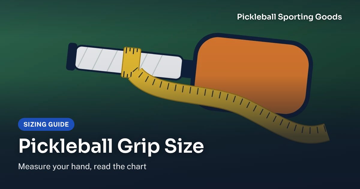Pickleball grip size sizing guide card: a paddle with a tape measure wrapped round the middle of its handle