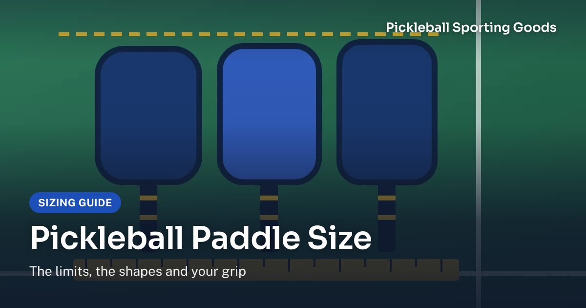 Sizing guide card: three paddle outlines of different shapes under a dashed limit line, with a tape measure