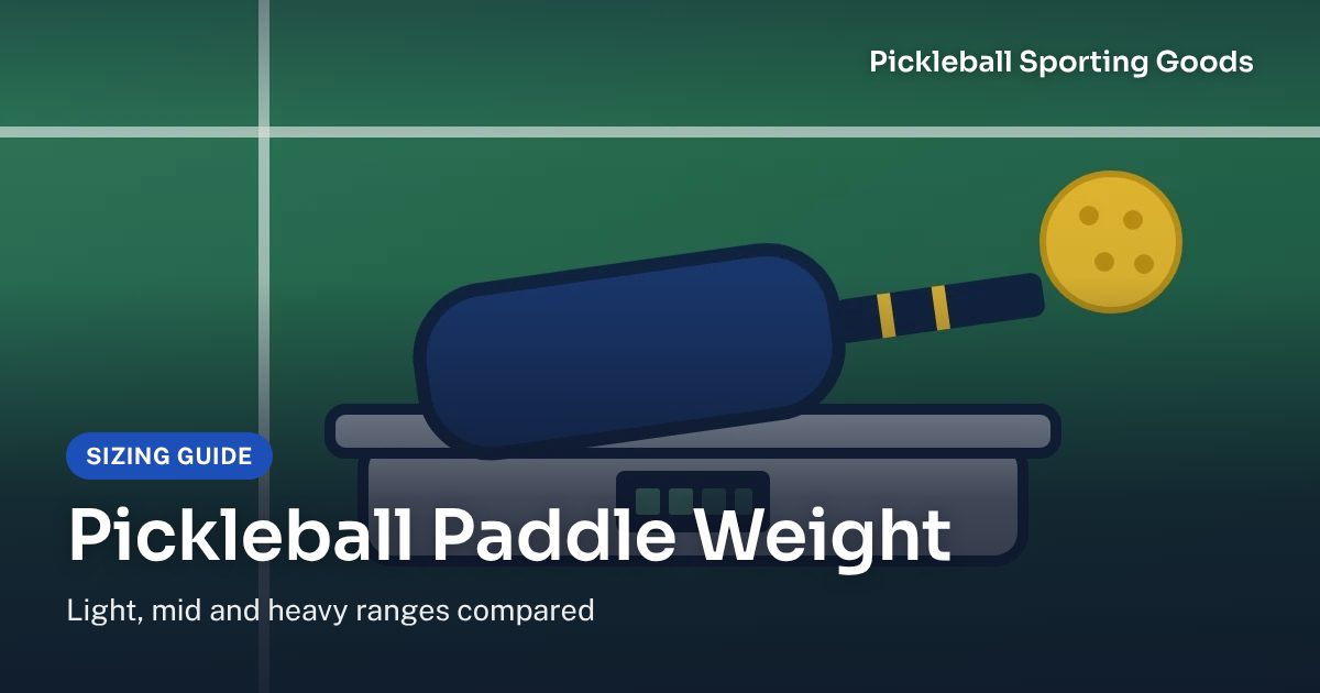 Illustration of a pickleball paddle resting on a digital scale beside a ball, titled Pickleball Paddle Weight