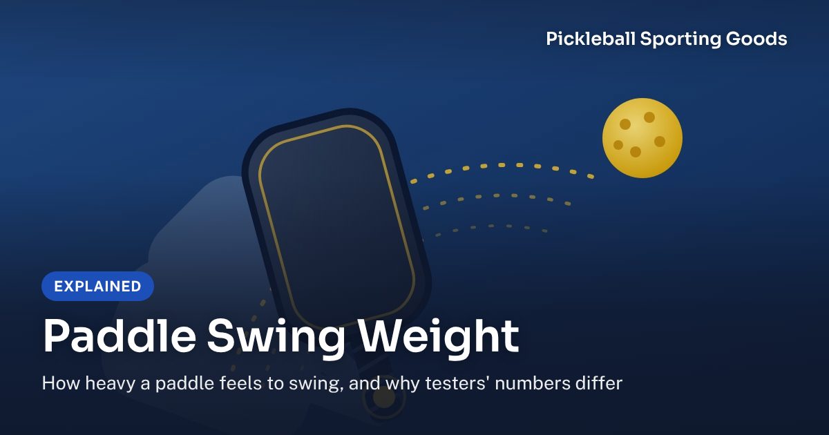 Illustrated pickleball paddle swinging in an arc toward a ball, with the title Paddle Swing Weight