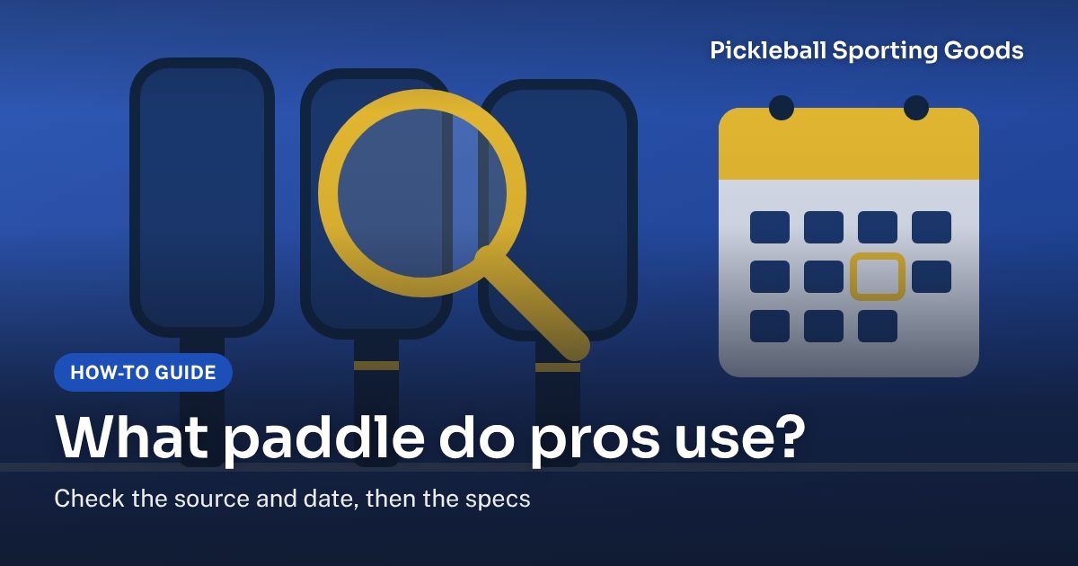 Three paddle outlines under a magnifying glass beside a calendar: checking which paddle a pro uses and when