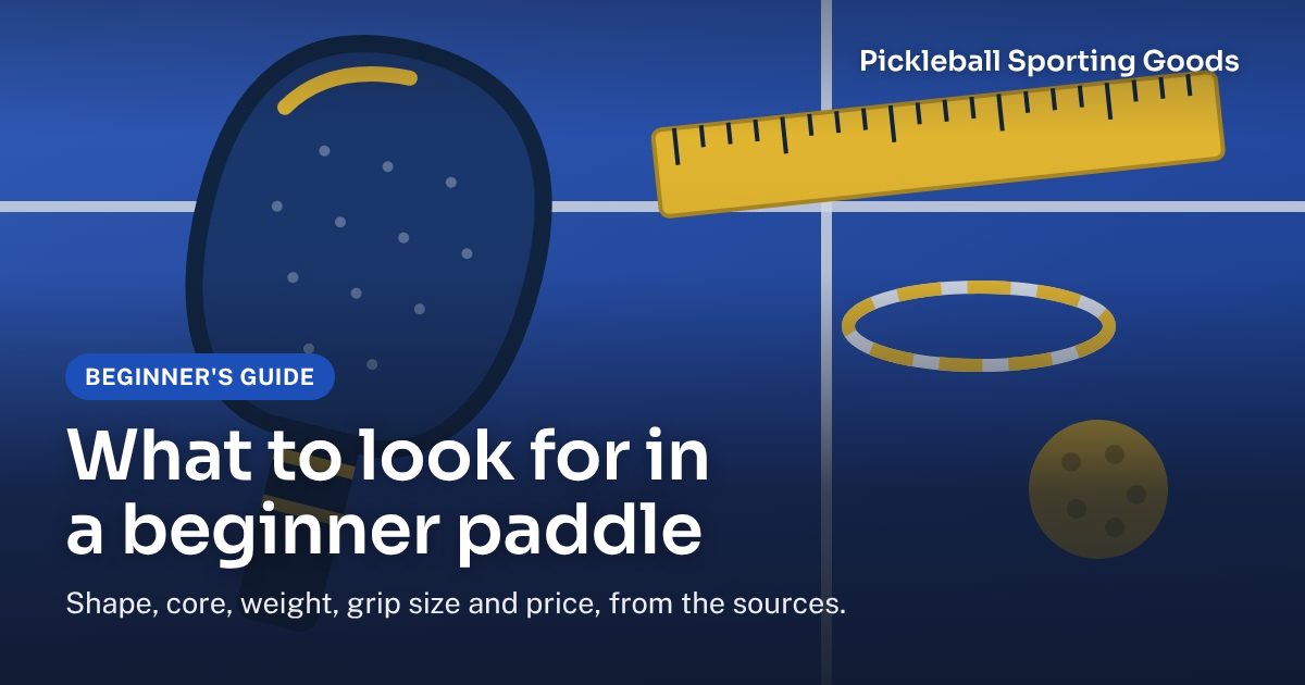 Illustration of a paddle, a ruler and a grip measurement on a blue court: what to look for in a beginner pickleball paddle