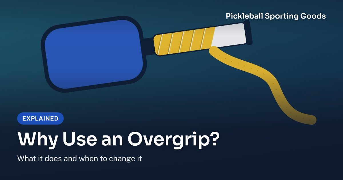 Illustration of a pickleball paddle with a yellow overgrip wrapped over the white base grip and its loose end trailing off the handle